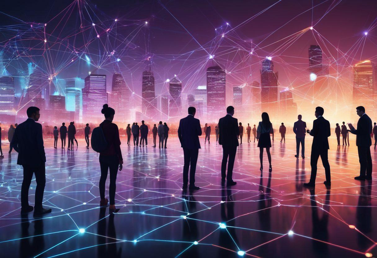 A diverse group of people engaging in a vibrant digital landscape, symbolizing networking connections with glowing lines and nodes illustrating relationships. Incorporate elements of technology like laptops, smartphones, and social media icons. The background should feature a blend of cityscapes and digital graphics to represent the global reach of influence. Bright, eye-catching colors to evoke a sense of energy and connection. super-realistic. vibrant colors. digital art.