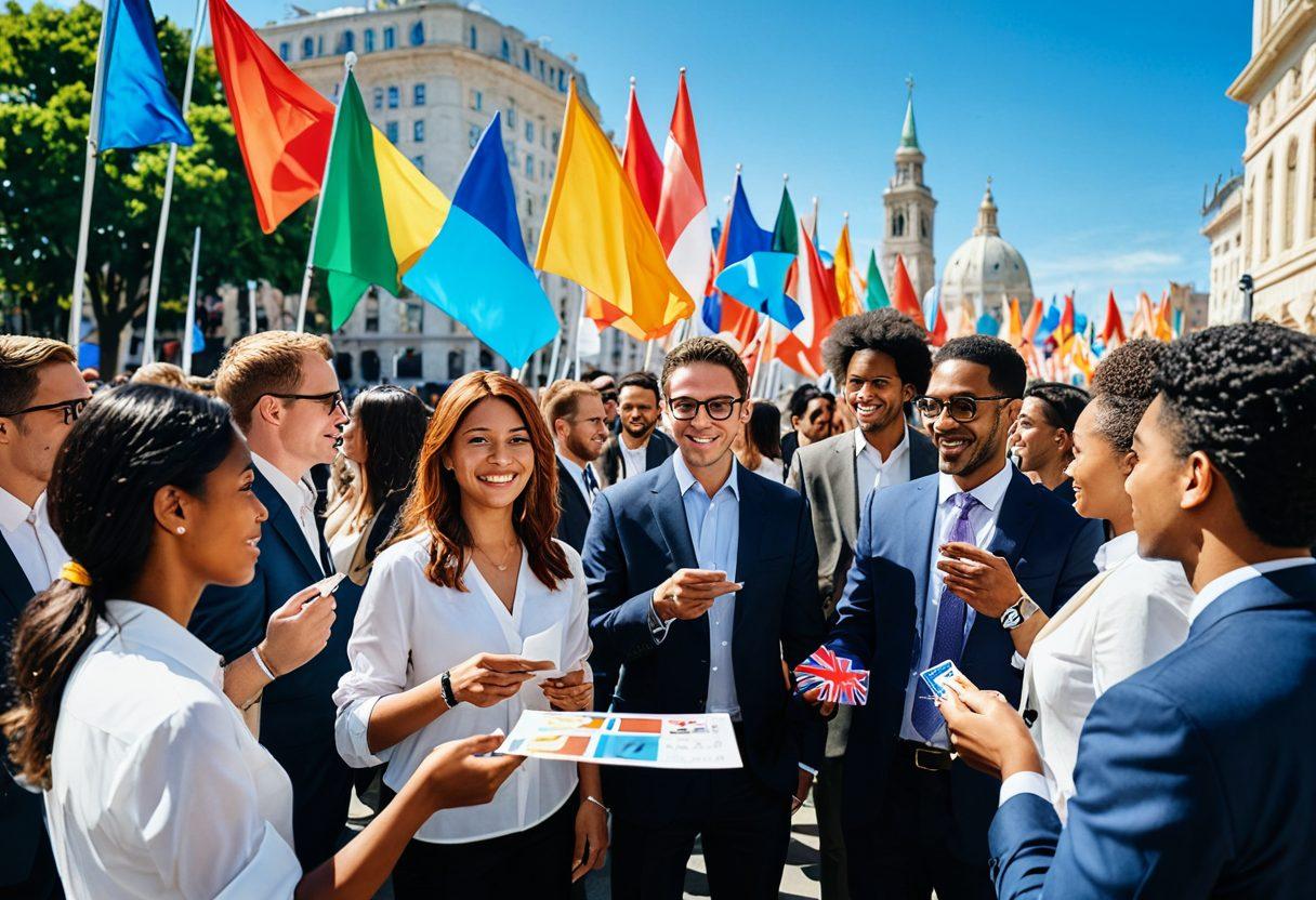 A diverse group of people from various cultures engaging in an outdoor networking event, with colorful flags representing different countries around them. The scene shows interactions like exchanging business cards and discussing ideas, under a bright blue sky. In the background, iconic landmarks from various parts of the world can be faintly seen. The atmosphere is vibrant and inviting, symbolizing global connections. super-realistic. vibrant colors. outdoor setting.
