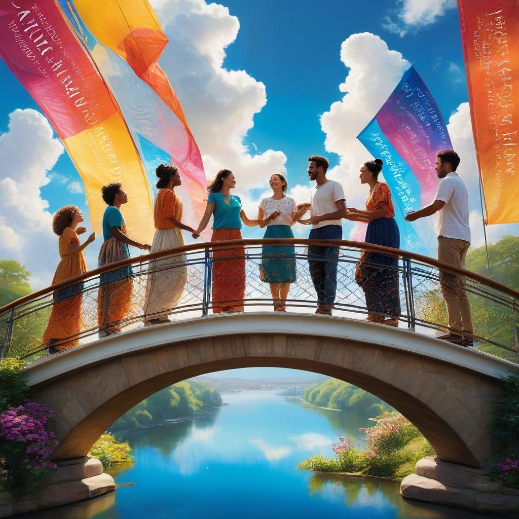 A diverse group of people from various backgrounds joyfully gathering on a beautifully designed bridge, symbolizing connection and community. The bridge is adorned with colorful banners representing different cultures, while the sky is filled with bright sunlight and fluffy clouds. In the foreground, individuals are engaging in meaningful conversations, showcasing unity and collaboration. super-realistic. vibrant colors. soft focus.
